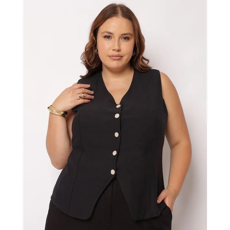 Colete Plus Size Feminino com Botões com Pedras Brilhantes Preto G1