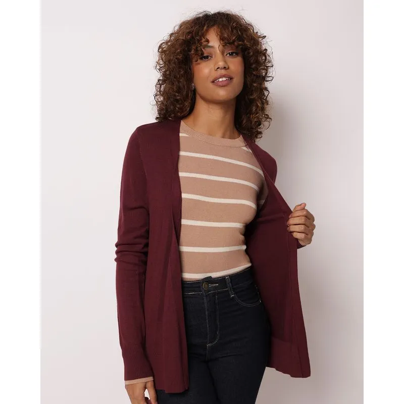 Cardigan Feminino Tricô Donatta Liso Vinho M