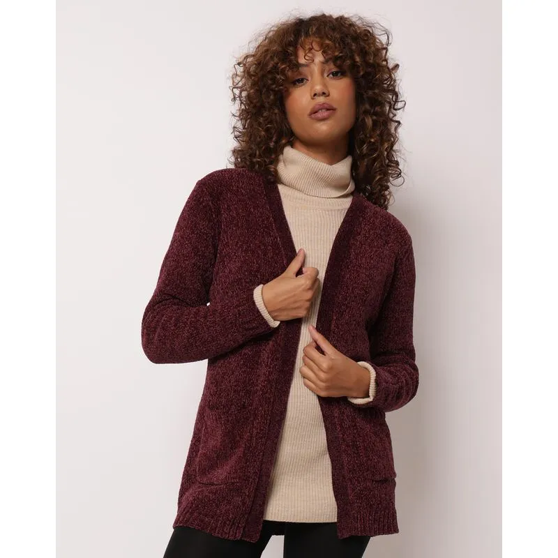 Cardigan Feminino Chenille com Bolsos Frontais Vinho P