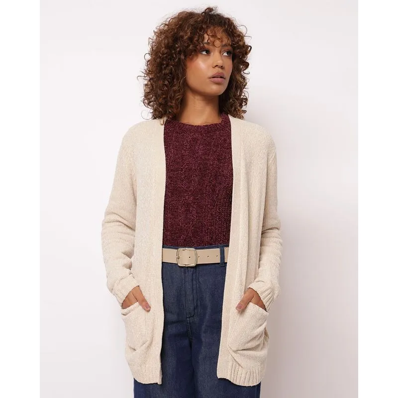 Cardigan Feminino Tricô Chenille com Bolsos Bege GG
