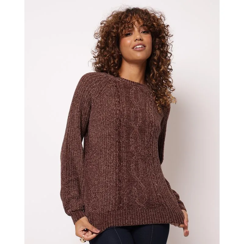 Suéter Feminino Tricô Trançado Chenille Marrom G
