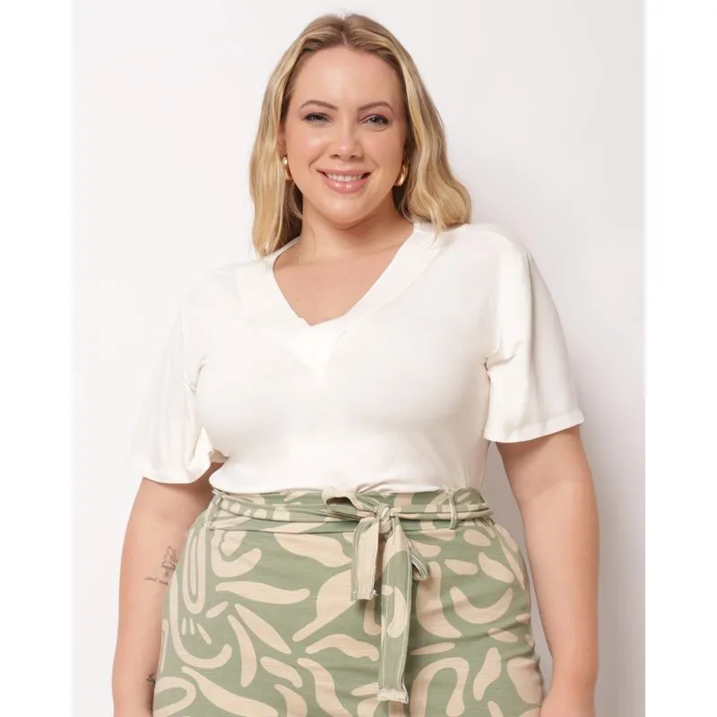 Blusa Plus Size Feminina Decote V Manga Curta Off White G2