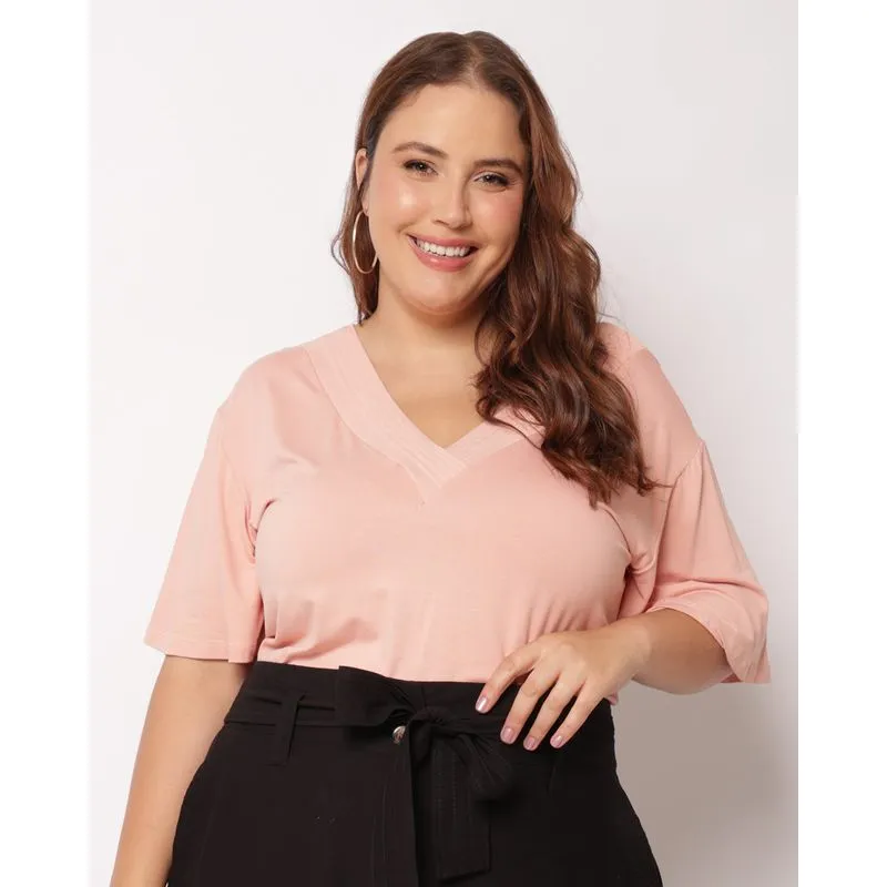 Blusa Plus Size Feminina Decote V Manga Curta Rosa G2