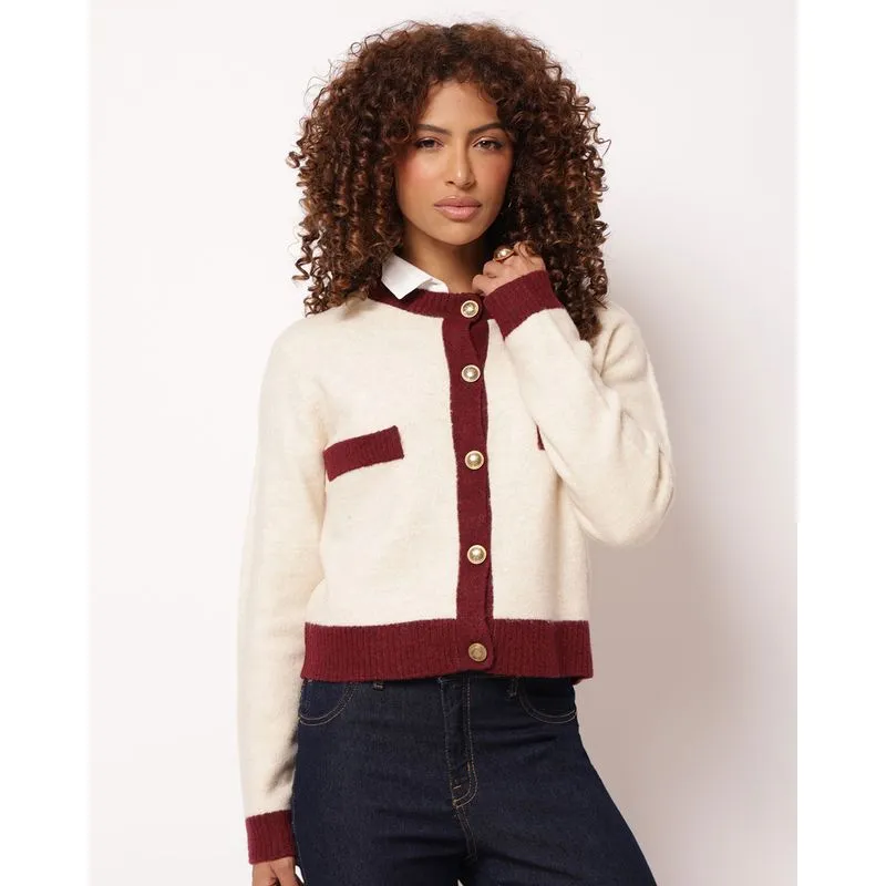 Cardigan Feminino Tricô com Botões Frontais Bege M