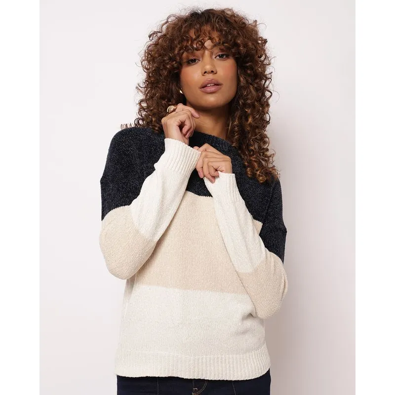 Suéter Feminino Tricô Chenille Listrado Marinho GG