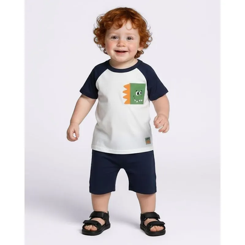 Camiseta Bebê com Estampa Interativa Dinossauro Manga Curta Raglan Off White 1