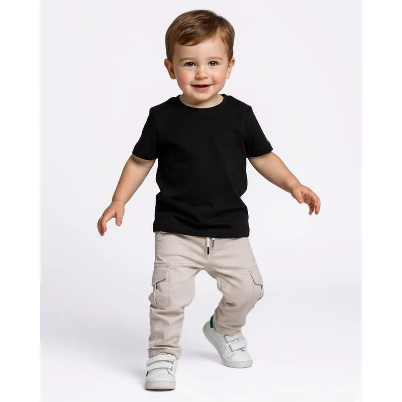 Calça Sarja Bebê com Bolsos Cargo Cós Elastico Bege 1