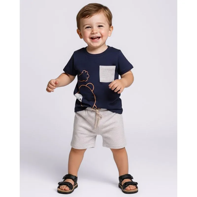 Conjunto Bebê Curto Algodão Estampa Bolso Listrado Marinho 2