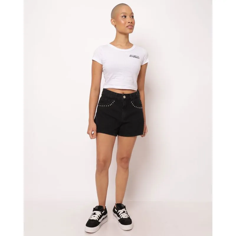 Short Sarja Feminino com Aplique Tachas Preto 34