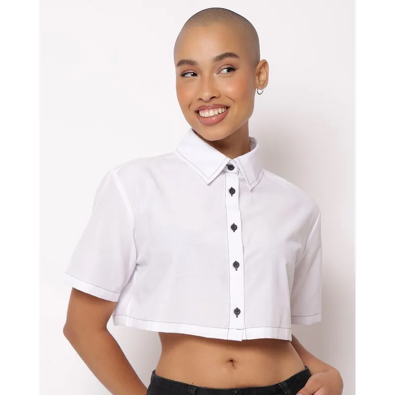 Camisa Feminina Cropped Pespontada Manga Curta Branca PP