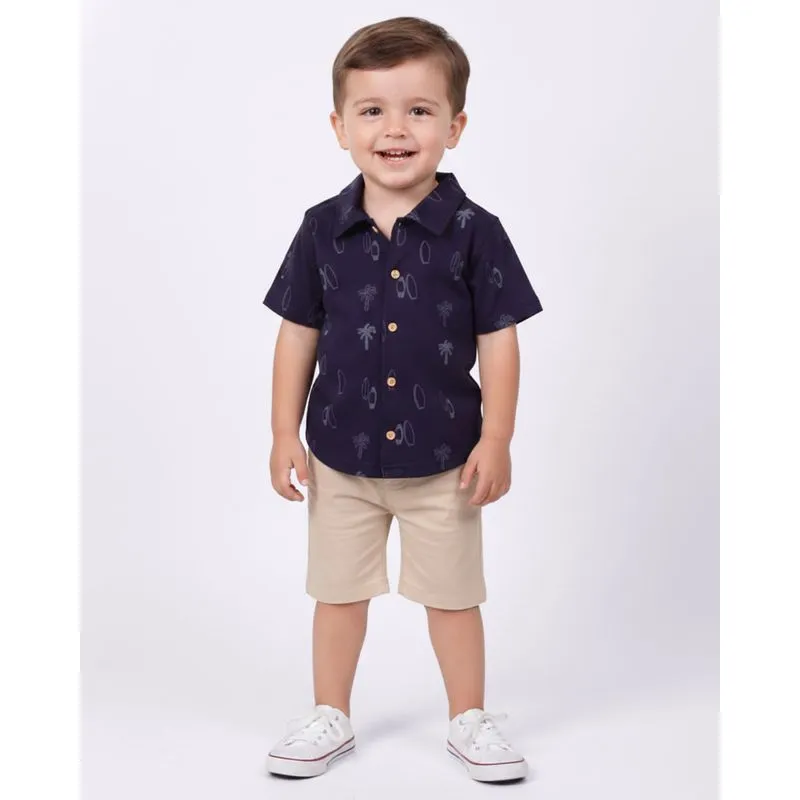 Camisa Bebê Algodão Estampa Tropical Manga Curta Marinho 3