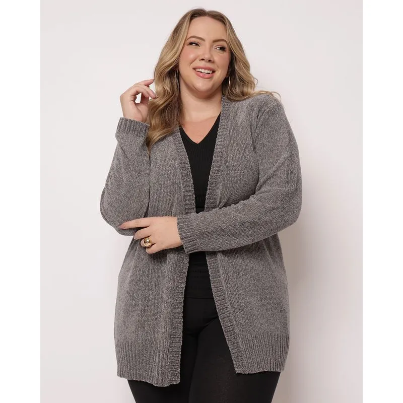 Cardigan Plus Size Feminino Chenille Cinza G2