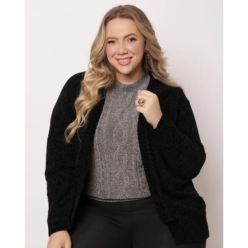 Cardigan Plus Size Feminino Chenille Preto G2