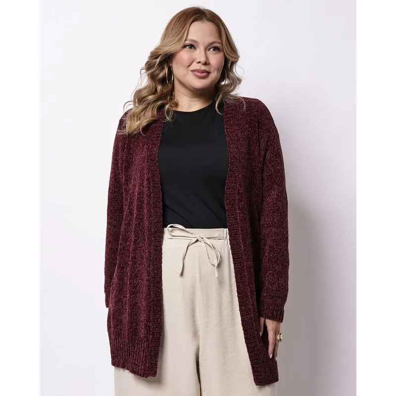 Cardigan Plus Size Feminino Tricô Chenille Vinho G2