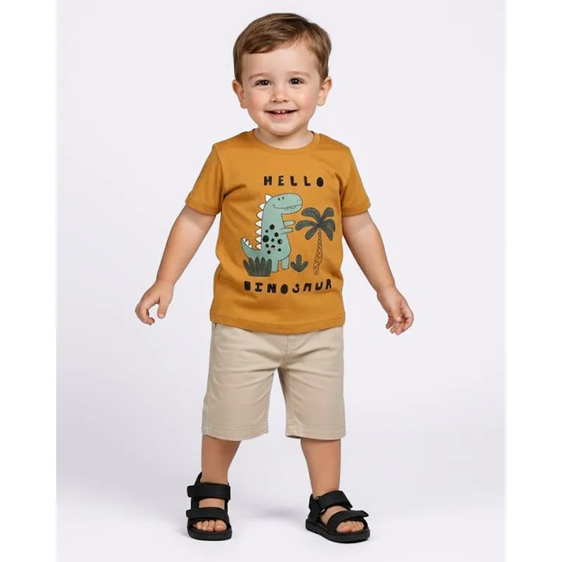 Camiseta Bebê Algodão com Estampa Dinossauro Manga Curta Mostarda 2