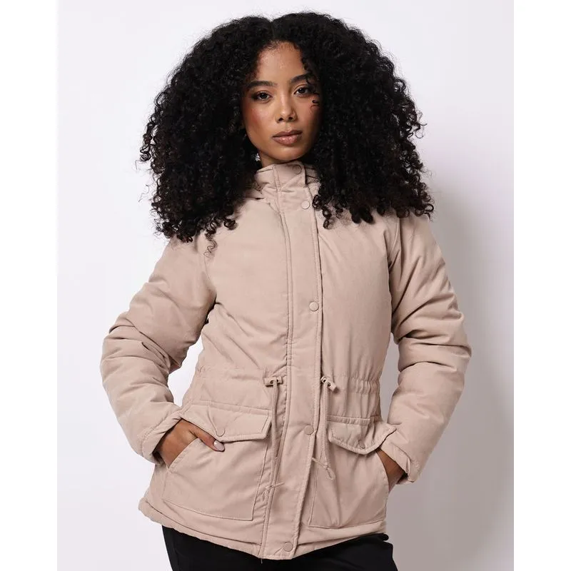 Parka Sarja Feminina com Pelúcia Capuz Bolsos Bege P