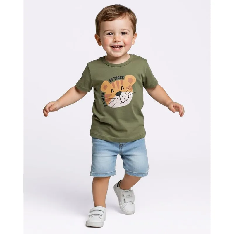 Camiseta Bebê Algodão com Estampa Tigre Manga Curta Verde 3