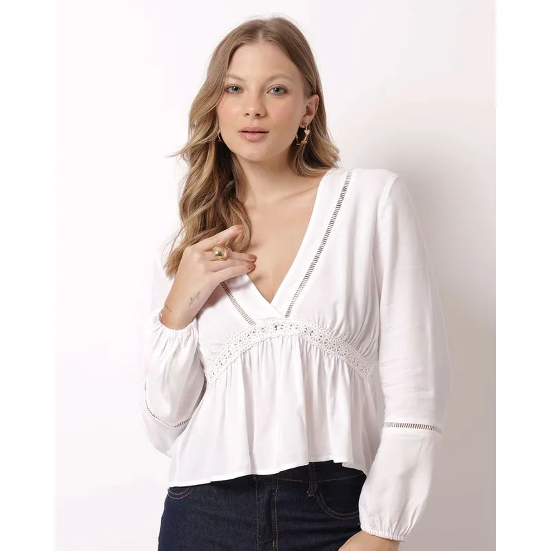 Bata Feminina Viscose Decote V com Renda Manga Longa Branca M