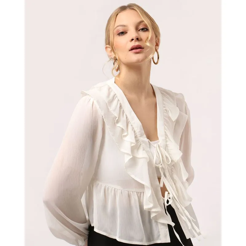 Camisa Feminina com Amarração e Babados Off White P