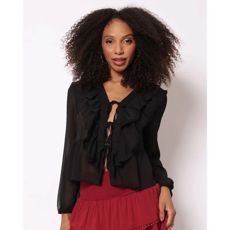 Camisa Feminina com Amarração e Babados Preta M