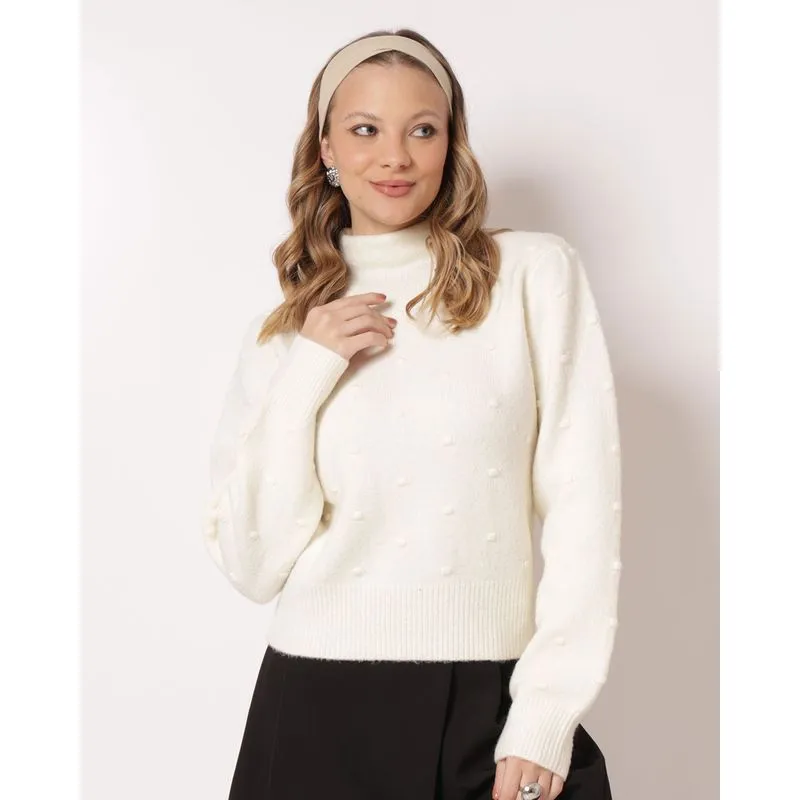 Suéter Feminino Tricô com Bolinhas Gola Alta Off White G