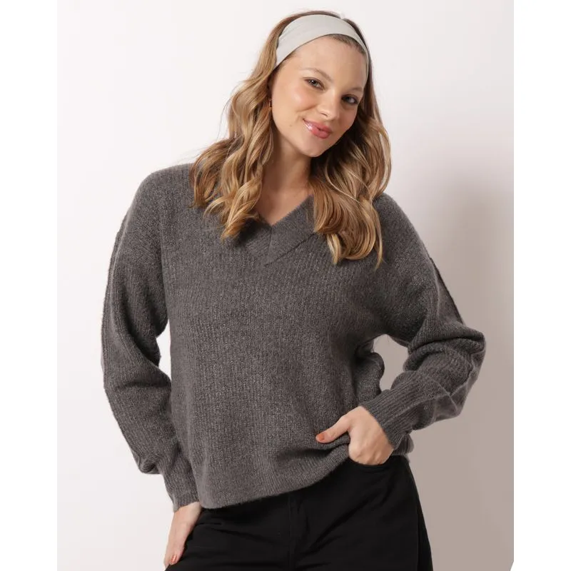 Suéter Feminino Tricô Gola V Cinza P