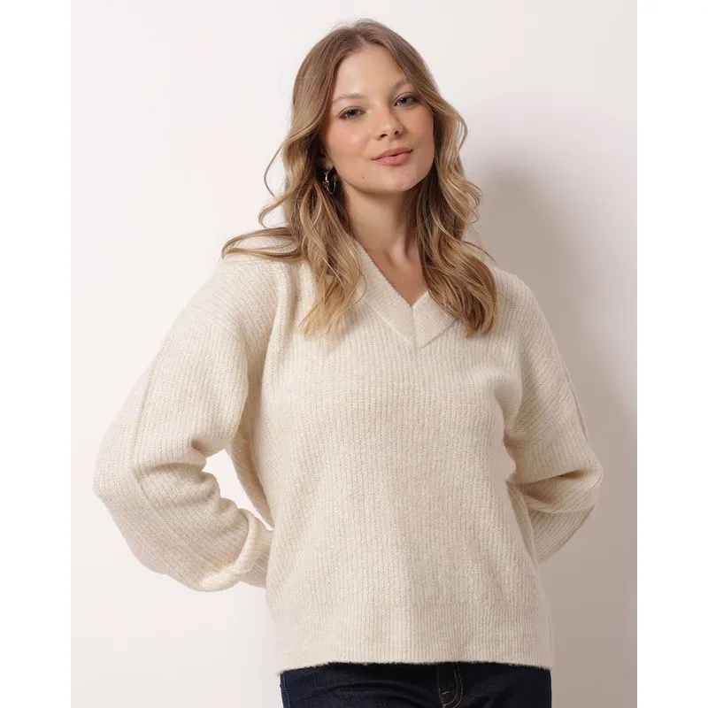 Suéter Feminino Tricô Gola V Off White G
