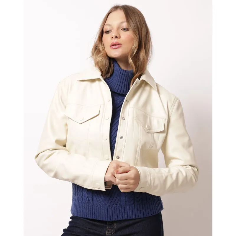 Jaqueta Feminina PU com Bolsos e Recortes Off White M