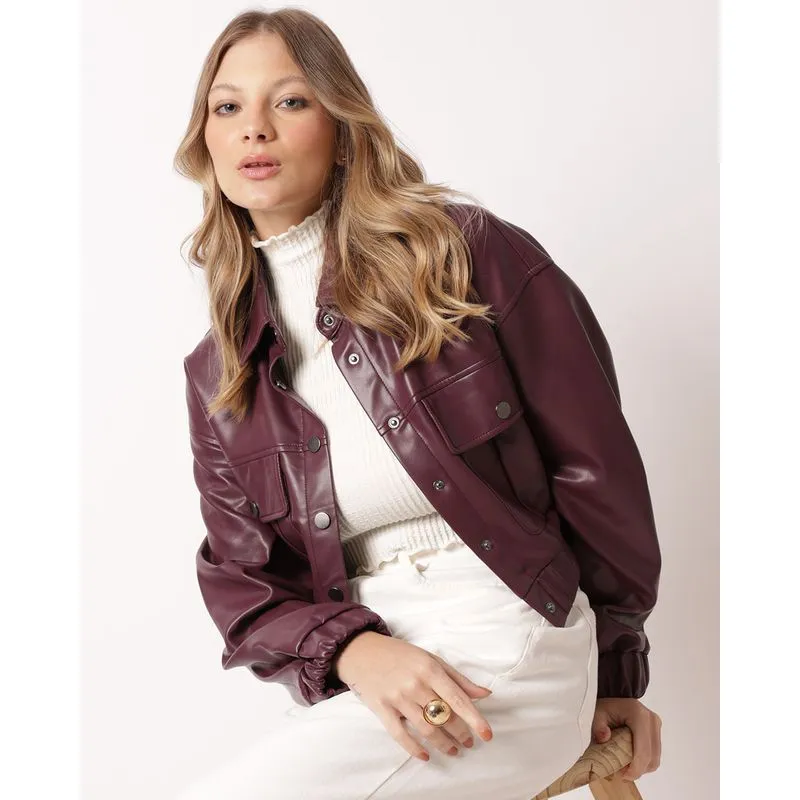 Jaqueta Feminina Cropped PU com Botões Bolsos Vinho GG
