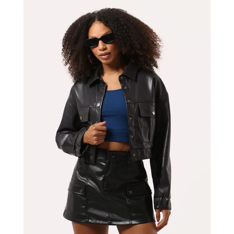 Jaqueta Feminina Cropped PU Preta P