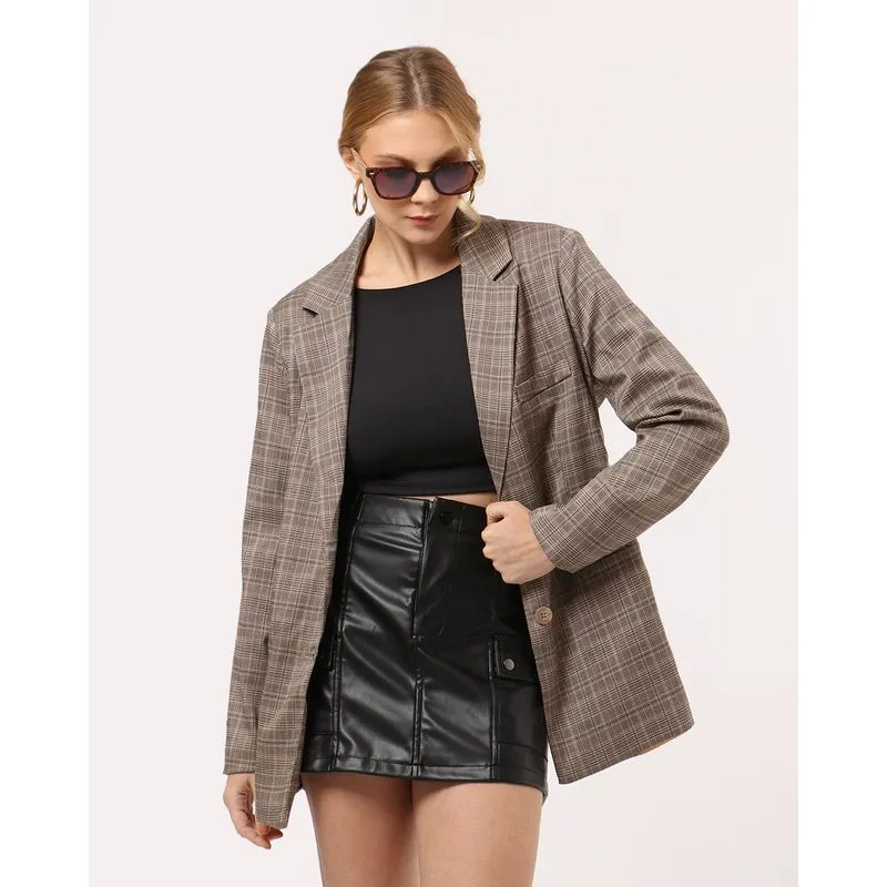Blazer Feminino Longo Decote Lapela Xadrez Bege M