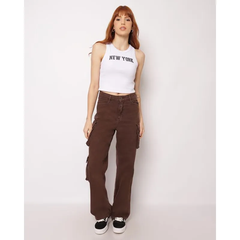 Calça Sarja Feminina Sawary Wide Leg com Bolsos Cargo Marrom 40