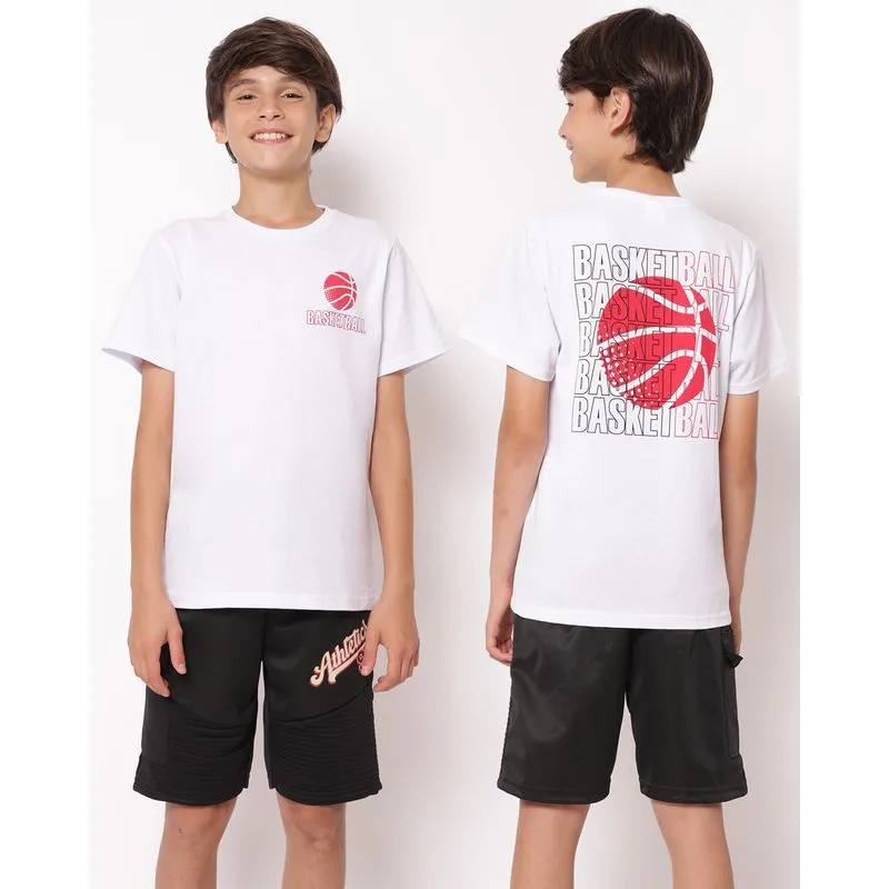 Camiseta Juvenil Algodão Estampa Basketball Manga Curta Branca 16