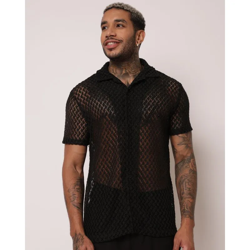 Camisa Masculina Manga Curta Tricô Vazado Preta G