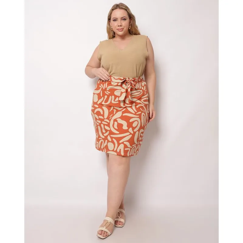 Saia Plus Size Feminina Midi Estampada com Faixa Laranja G1