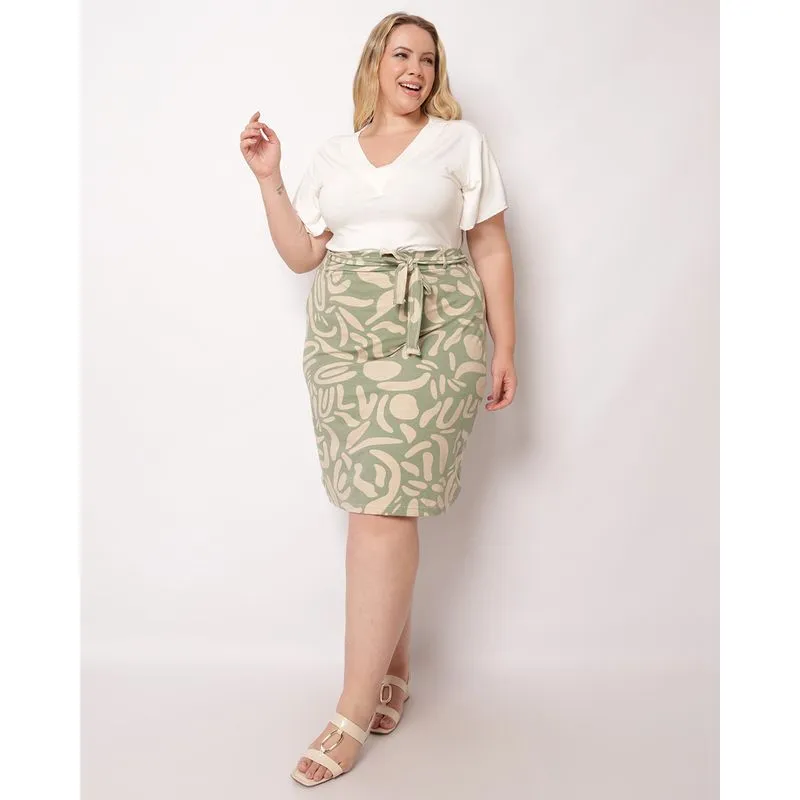 Saia Plus Size Feminina Midi Estampada com Faixa Verde G1