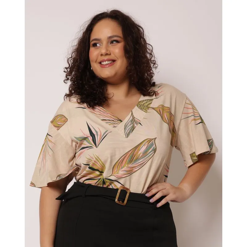 Blusa Plus Size Feminina Viscose Decote V Estampada Bege G3