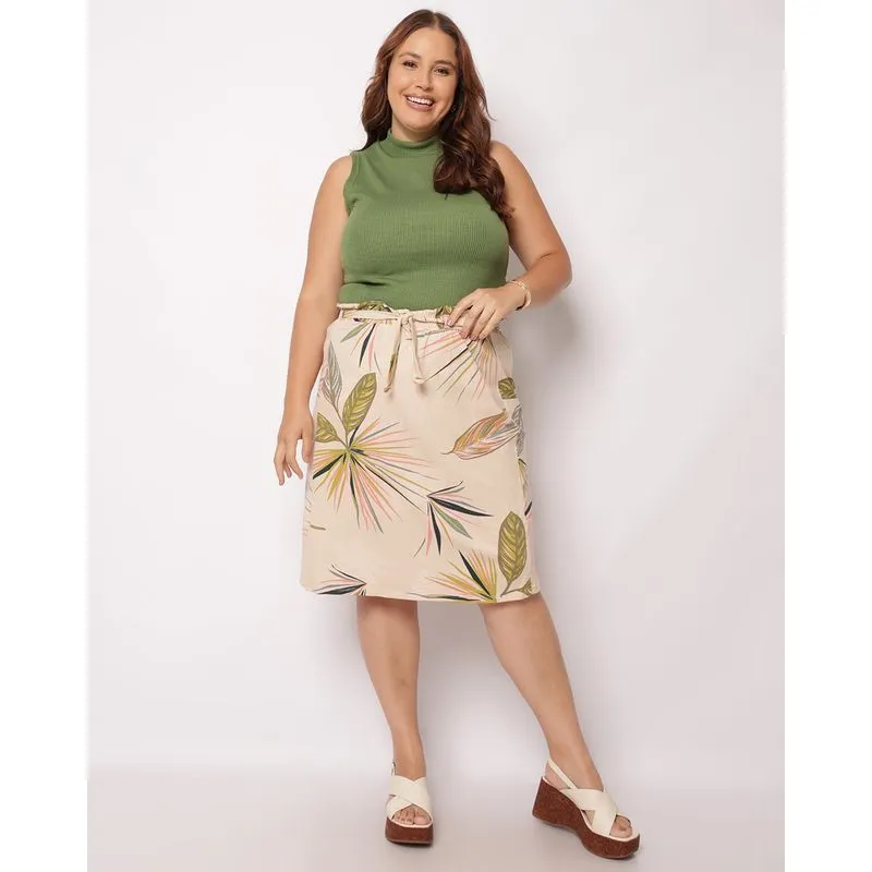 Saia Plus Size Feminina Midi Estampada com Amarração Bege G2
