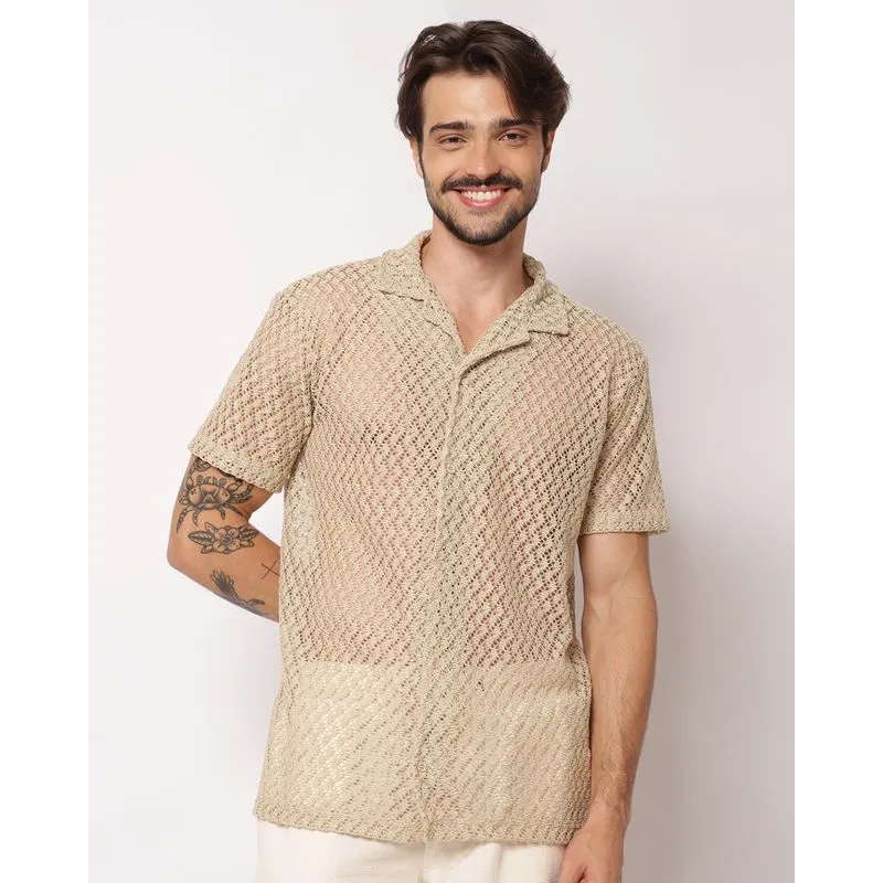 Camisa Masculina Tricô Vazado Manga Curta Bege P