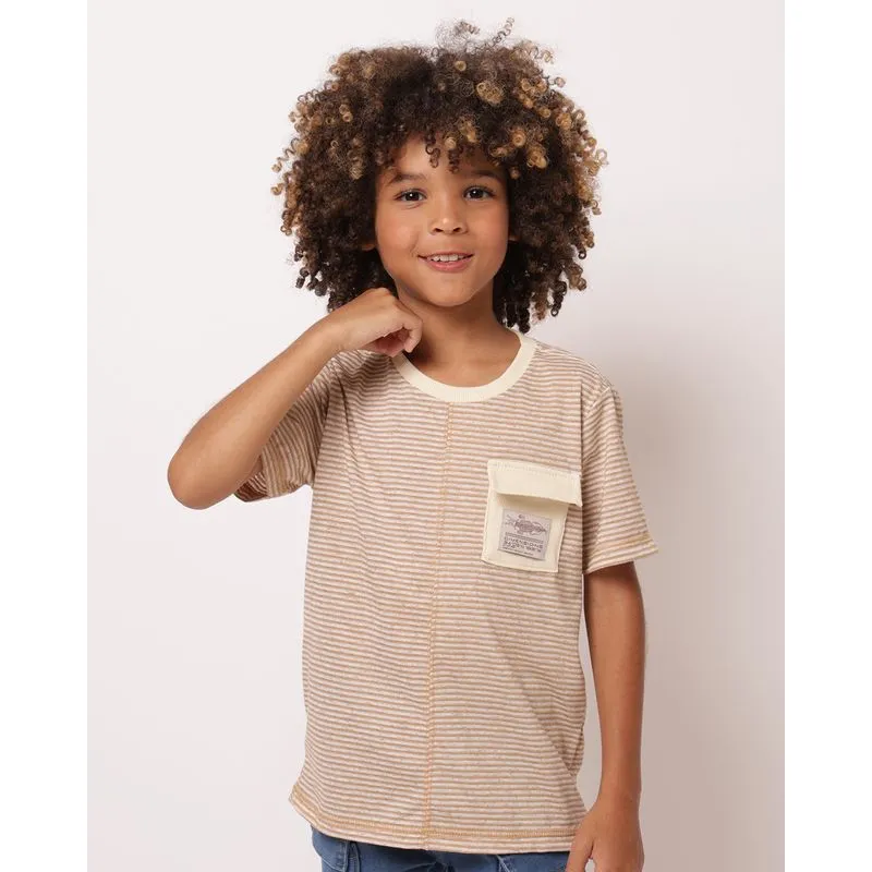 Camiseta Infantil Linho Manga Curta Listrada com Bolso Bege 16