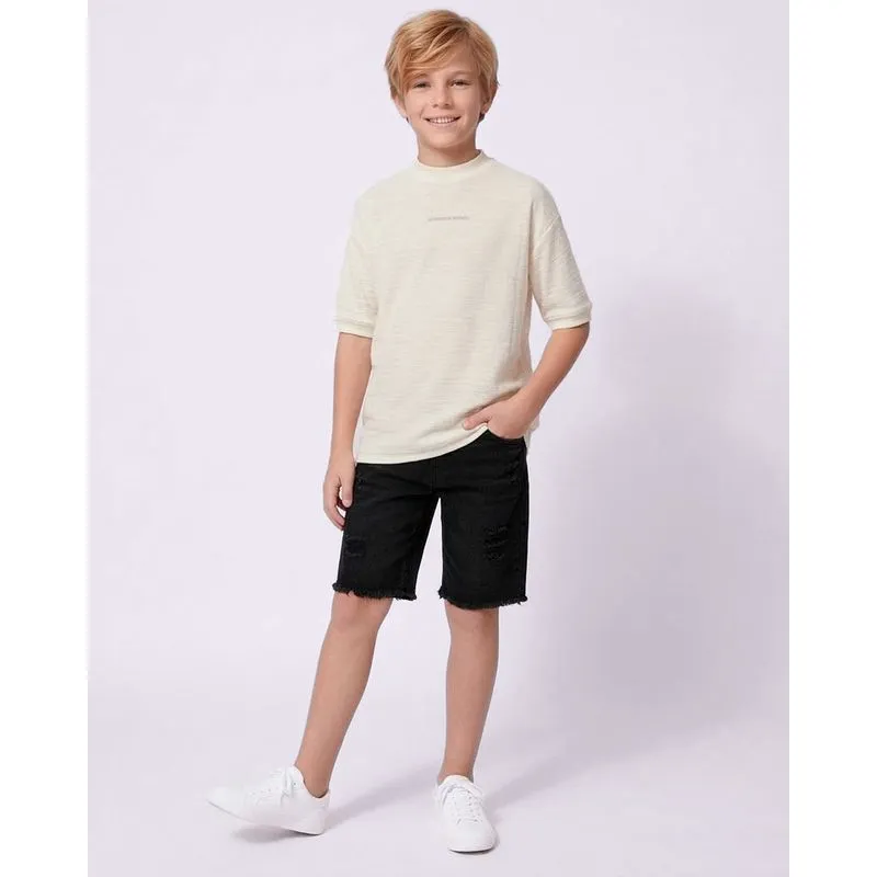 Bermuda Jeans Juvenil Reta Destroyed Barra Desfiada Bolsos Preta 6