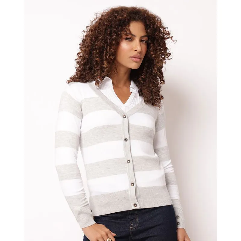 Cardigan Feminino Tricô Listrado Cinza P
