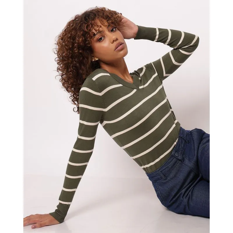 Suéter Feminino Tricô Decote V Listrado Verde M