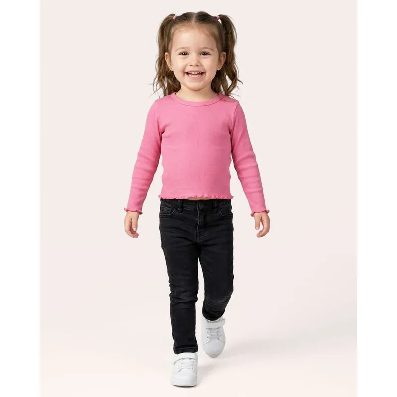 Blusa Bebê Manga Longa Canelada com Frufru Rosa Escuro 1
