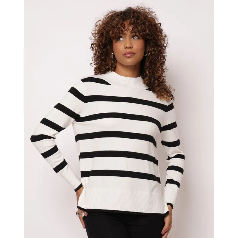 Suéter Feminino Tricô Canelado Listrado Branco P