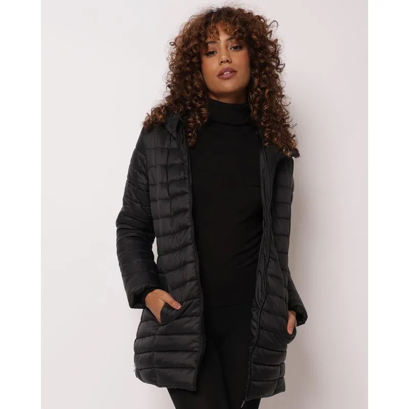 Jaqueta Feminina Puffer Alongada com Capuz Preta GG