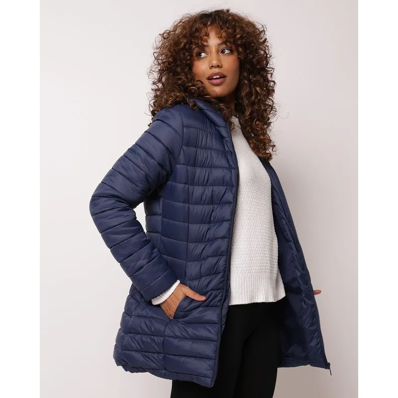 Jaqueta Feminina Puffer Alongada com Capuz Marinho P