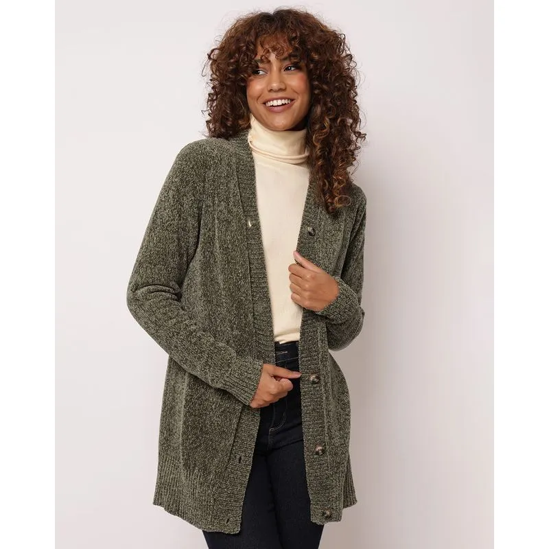Cardigan Feminino Chenille com Botões Verde P