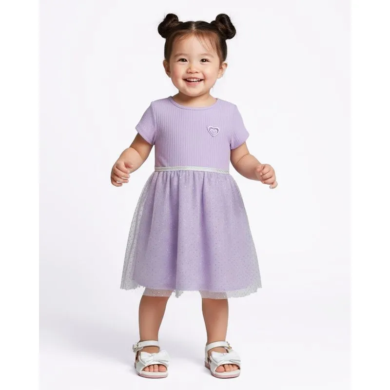 Vestido Bebê Curto Canelado com Sobreposição Tule com Glitter Lilás 1