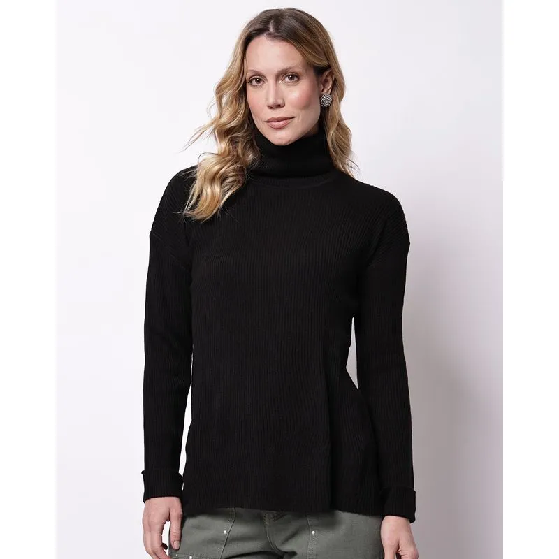Blusa Feminina Tricô Canelado Gola Alta Preta G